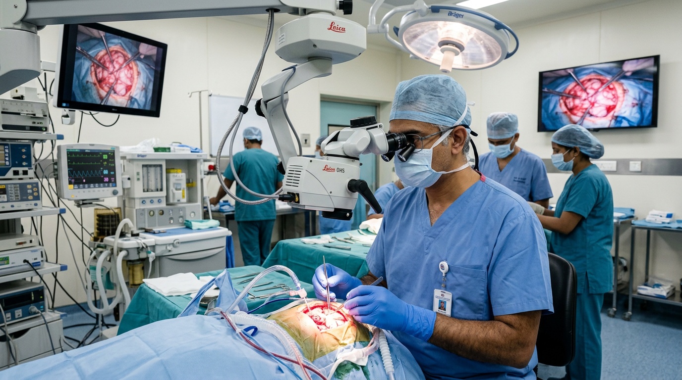 Dr. Ashok Kumar Indian neurosurgical team operating with high-power surgical microscope in modern operating theatre