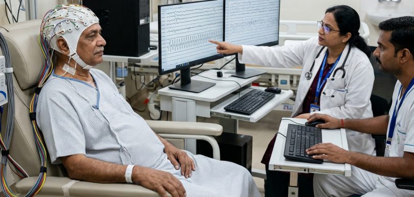 Digital electroencephalography EEG brain mapping station showing multi-channel electrode cap and brain wave displays