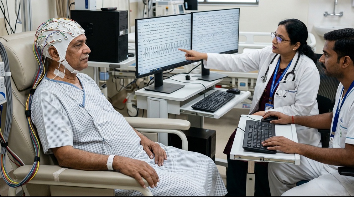 Digital electroencephalography EEG brain mapping station showing multi-channel electrode cap and brain wave displays