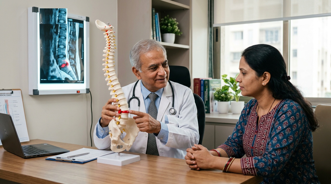 Senior Indian spine surgeon explaining lumbar spine model and herniated disc to Indian patient