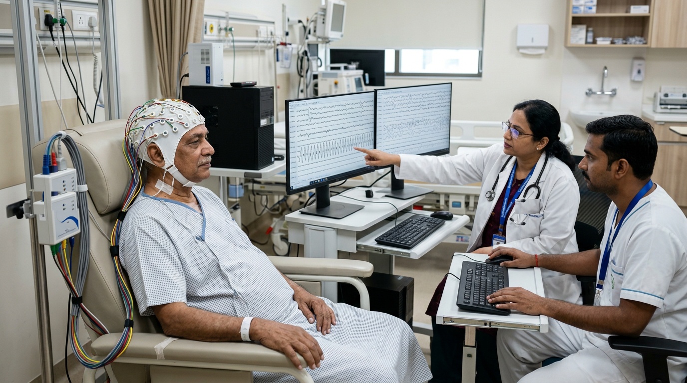 Indian patient undergoing digital electroencephalogram EEG monitoring with Indian neuro specialists