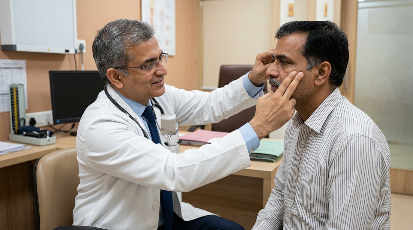 Senior Indian doctor performing cranial nerve and trigeminal neuralgia clinical evaluation