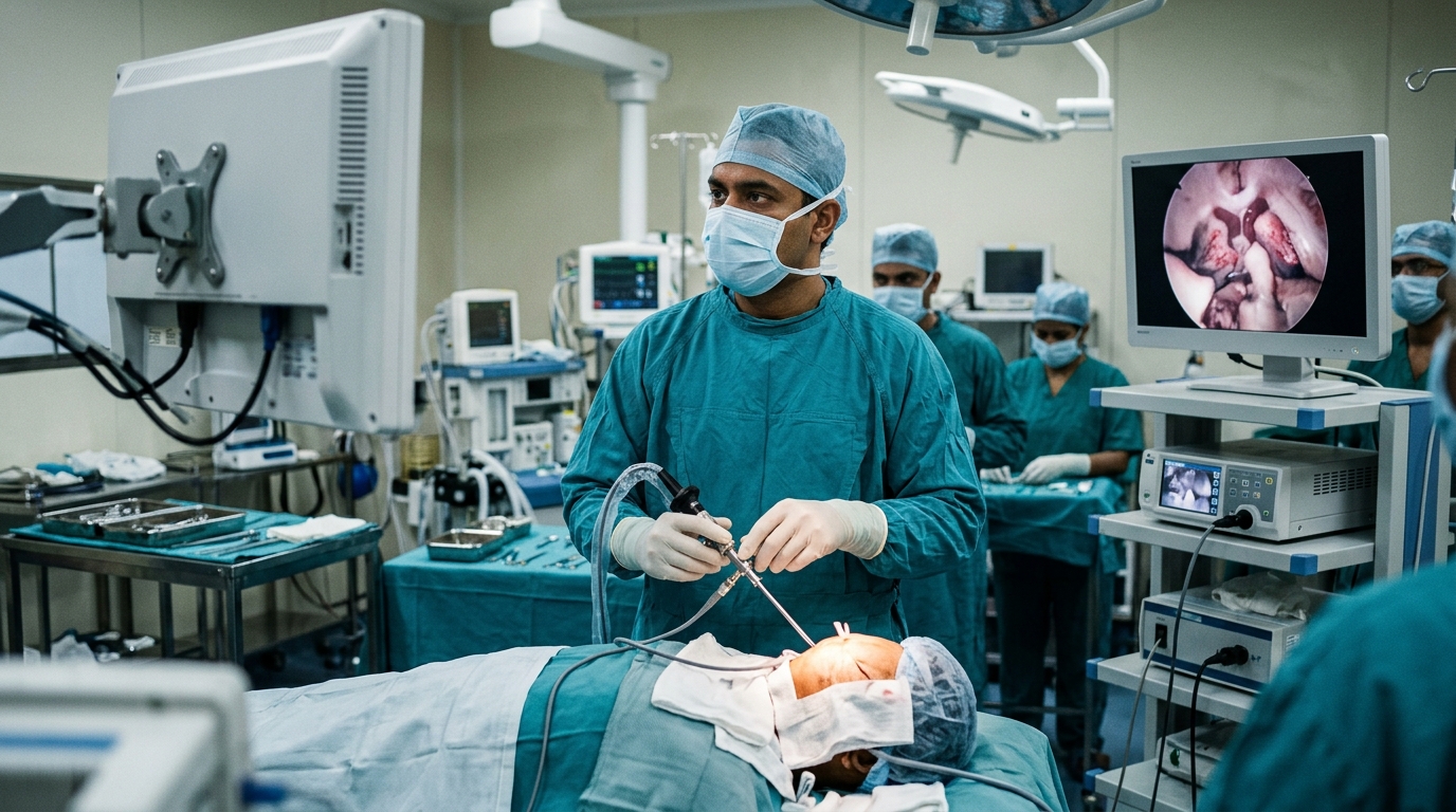 Indian neurosurgical team performing endoscopic third ventriculostomy ETV for hydrocephalus