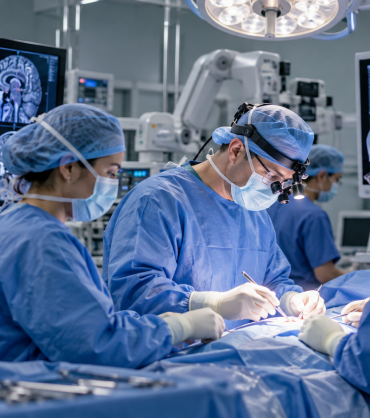 Advanced microneurosurgical team operating under high-magnification surgical loupes with 3D neuronavigation