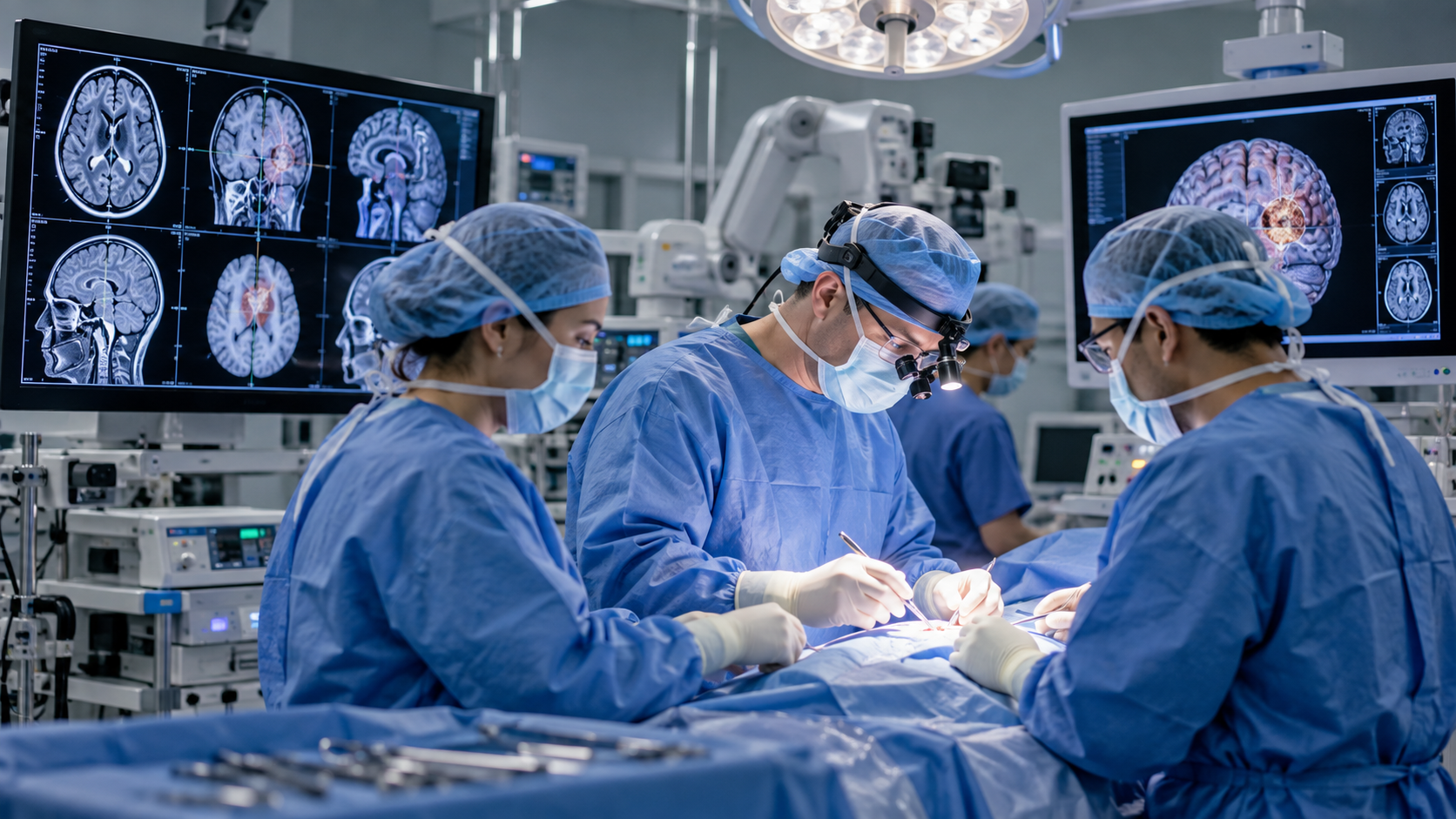 Advanced microneurosurgical team operating under high-magnification surgical loupes with 3D neuronavigation