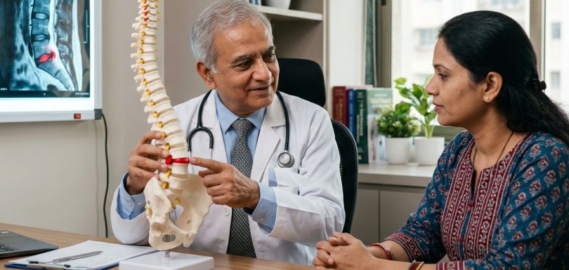 Senior Indian spine and neuro specialist demonstrating spinal biomechanics and rehabilitation exercises to Indian patient