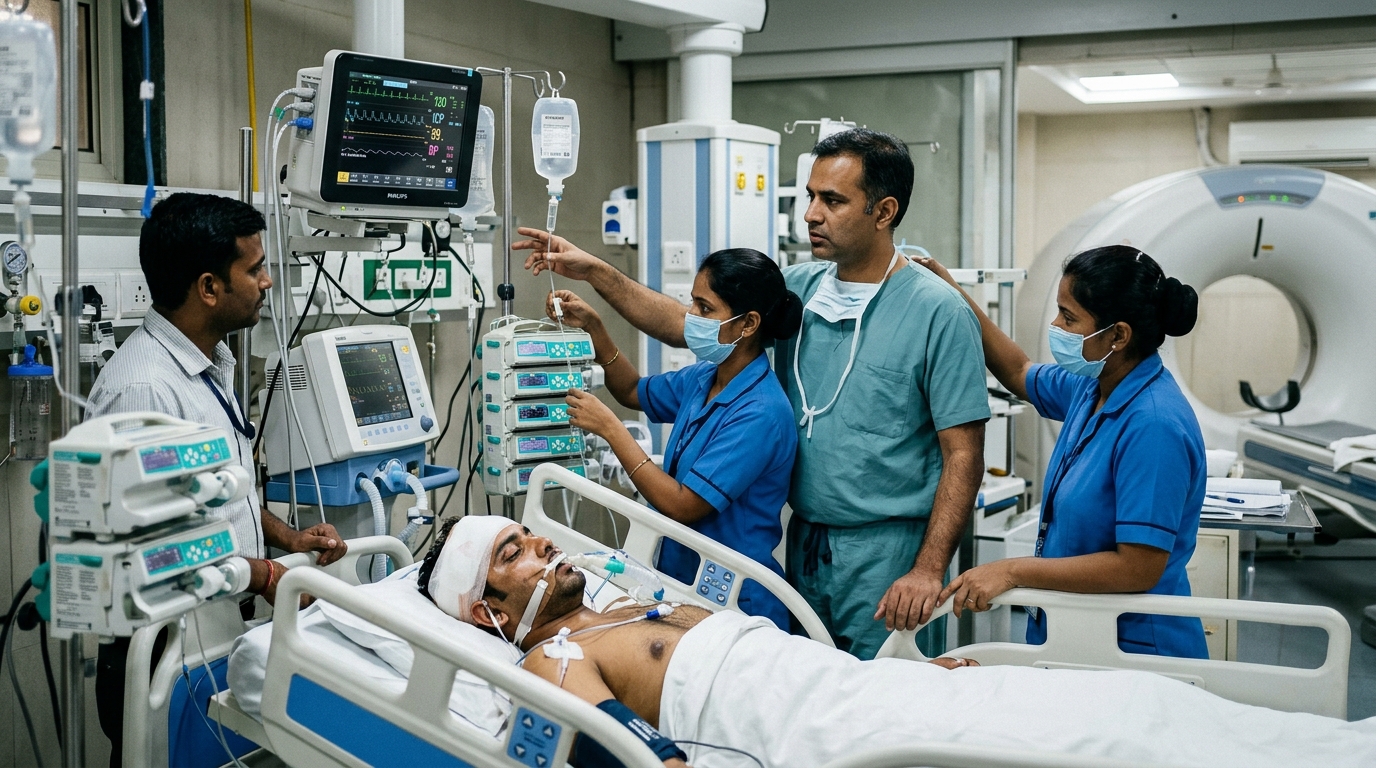 Emergency neuro-trauma team managing spine injury patient with cervical collar and advanced monitors