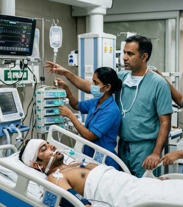 Indian neuro-trauma surgical team and critical care nurses attending to a patient in modern emergency neuro-ICU