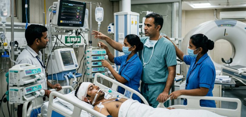 Indian neuro-trauma surgical team and critical care nurses attending to a patient in modern emergency neuro-ICU