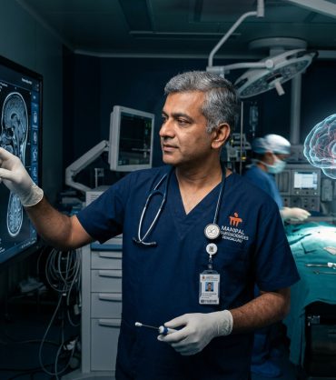 Senior Indian neurosurgeon examining 3D holographic brain scan and cranial MRI in advanced operating room
