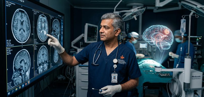 Senior Indian neurosurgeon examining 3D holographic brain scan and cranial MRI in advanced operating room