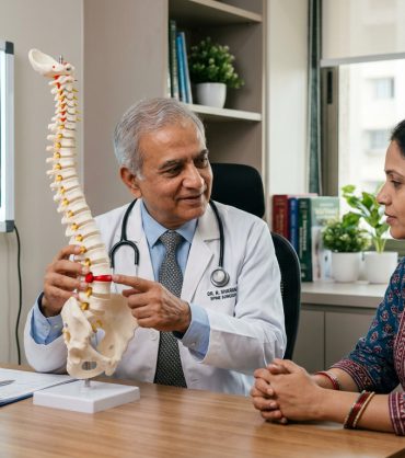 Senior Indian spine surgeon in white coat explaining human lumbar spine model to an Indian woman patient